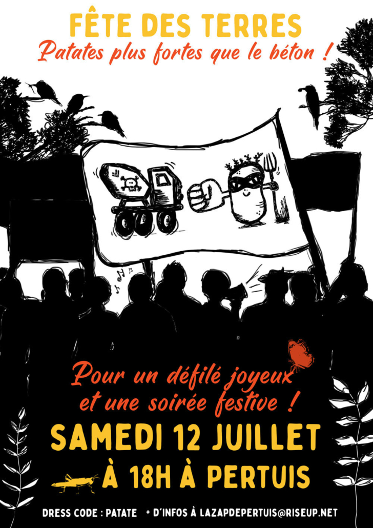 Affiche Fête Des Terres à PertuisPatates plus fortes que le béton
Défilé joyeux et soirée festive
Samedi 12 juillet à 18h à Pertuis